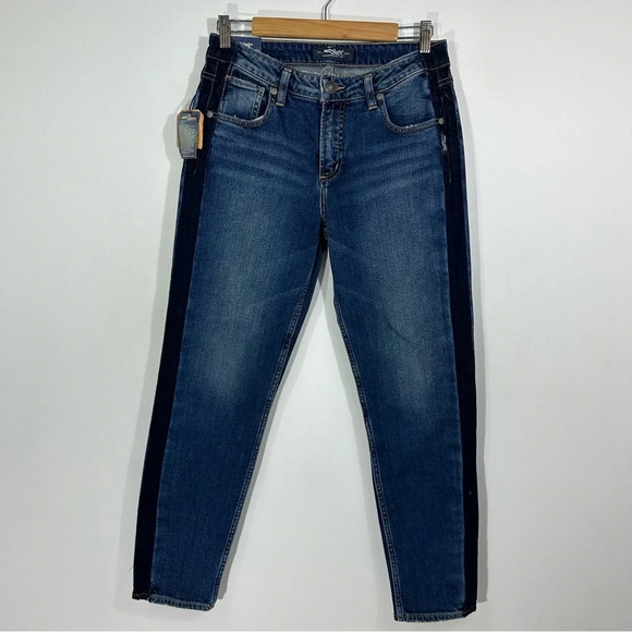 NWT Silver Jeans Vintage Slim Mid Rise Dark Wash Tuxedo Stripe Jeans - Picture 2 of 13